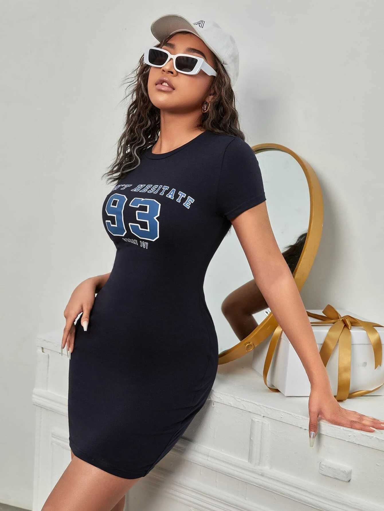 Womens Summer Bodycon Elegant Sexy Round Neck Short Sleeve number 23 letter print Slim Dress Lettering Print A-line hip-hugging M260304