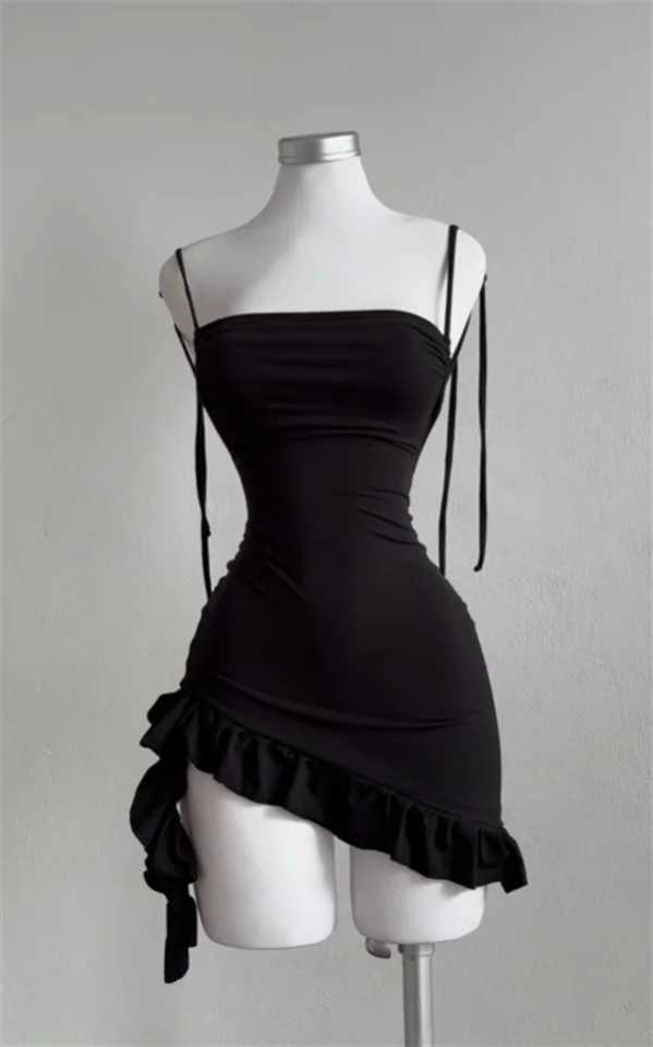 Sleeveless Backless Ruffles Mini Dress Women Summer Y2K Lace Up Black Bodycon Dresses Party Club Streetwear 2025 New Sundress M260304
