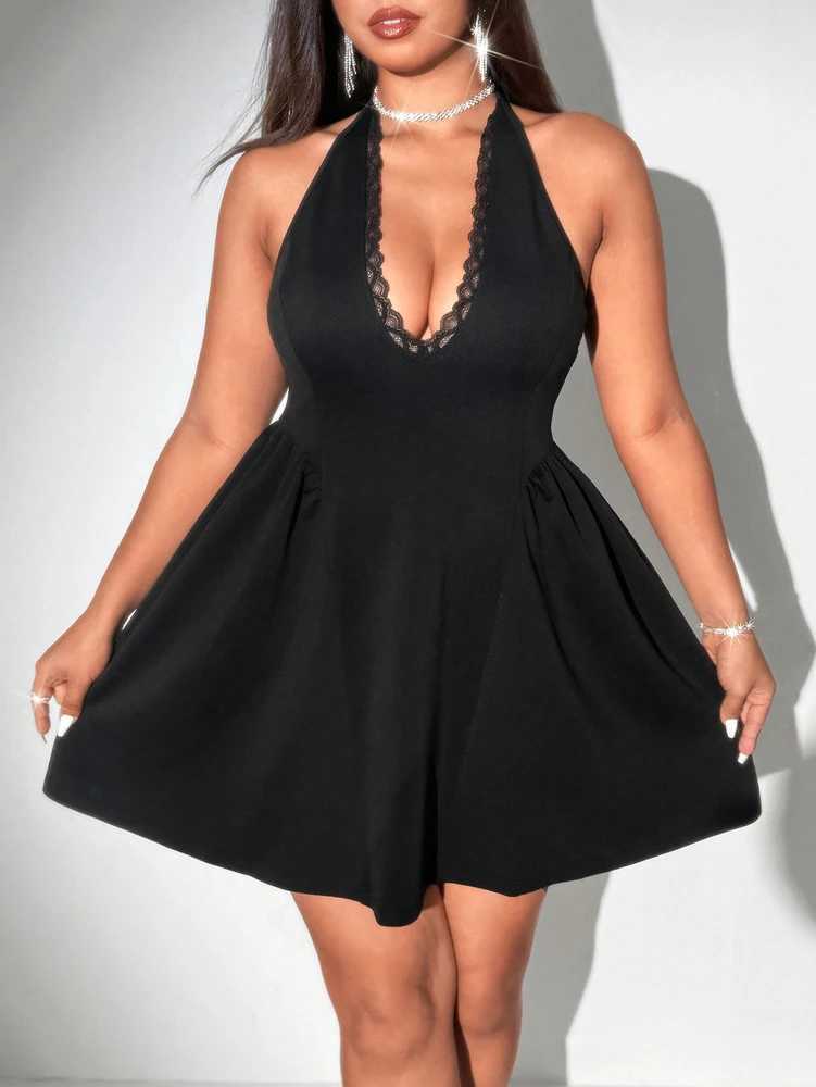 Plus Size Spring/Summer New Arrival Dress V-neck Sensual Lace-trimmed Sleeveless Puff-skirt Evening Gown Solid Colour M260304