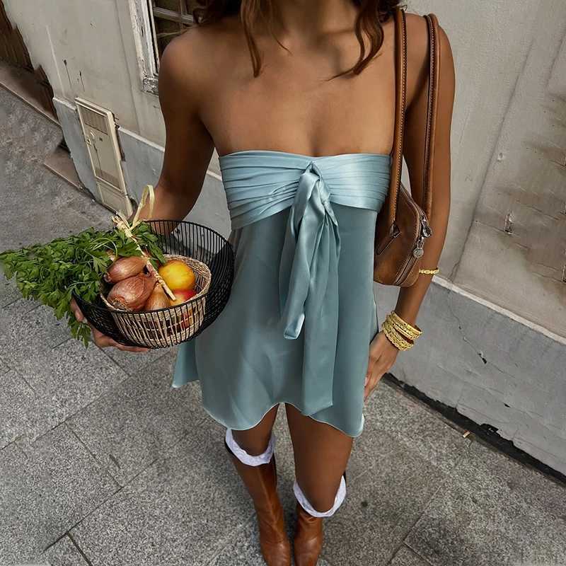 Spicy girl street style satin 2026 summer new fashion mini dress strapless strap solid color sleeveless dress M260304
