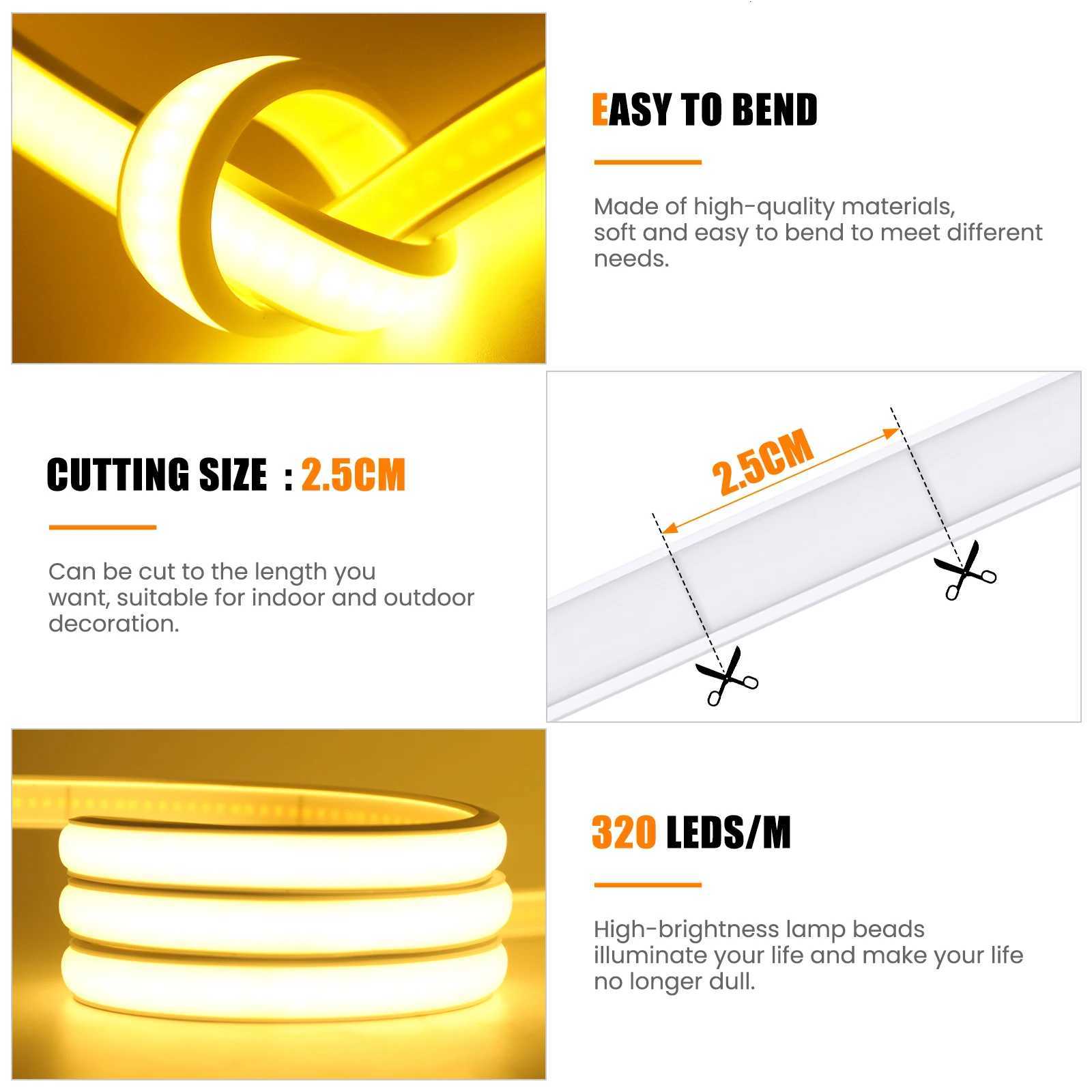 Dimmable COB LED Strip Neon Light 5V USB Flexible Adhesive Tape with ON OFF Switch 320LEDs/m Waterproof LED Light for Room Decor H260304