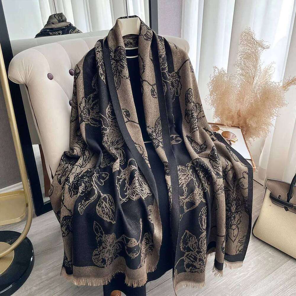 New Spring and Autumn Women Elegance Flowers Shawl Brand Designer Lady Golden Thread long Scarf Muslim Wrap Headscarf Pashmina XJ260304