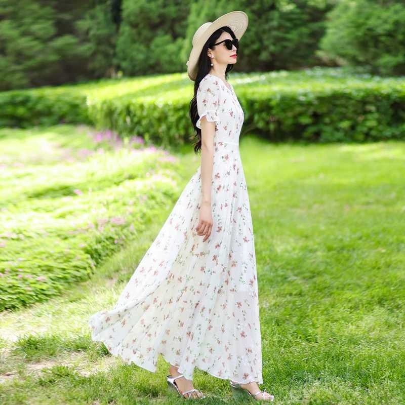 V-Neck Dress Youthful Slim-Fit Elegant Gown Fashionable Casual Beach Maxi Dress M260304