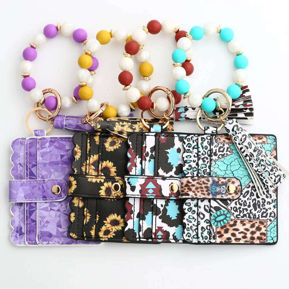 2024 Bead Solid Card Bag Wristlet Keychain Silicone Beaded Bracelet Leather Tassel Wallet Bangle C260304