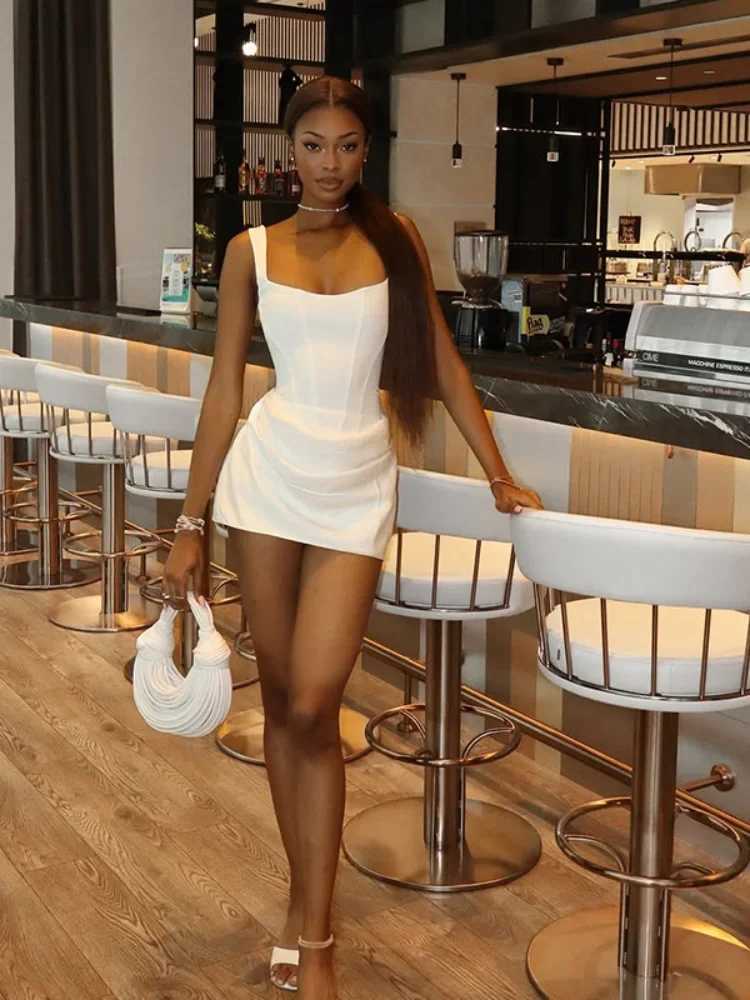 white Pleated Hem Mini Dress Fashion womens solid U-neck Sleeveless Back Bandage Slim Vestidos 2025 New Summer Lady Party Gown M260304