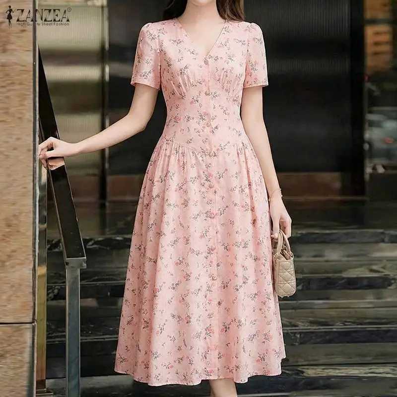 2026 ZANZEA Summer Elegant Casual Holiday Party Dress Women Floral Printed Dresses V Neck Short Sleeve Vestido A Line Robe Femme M260304