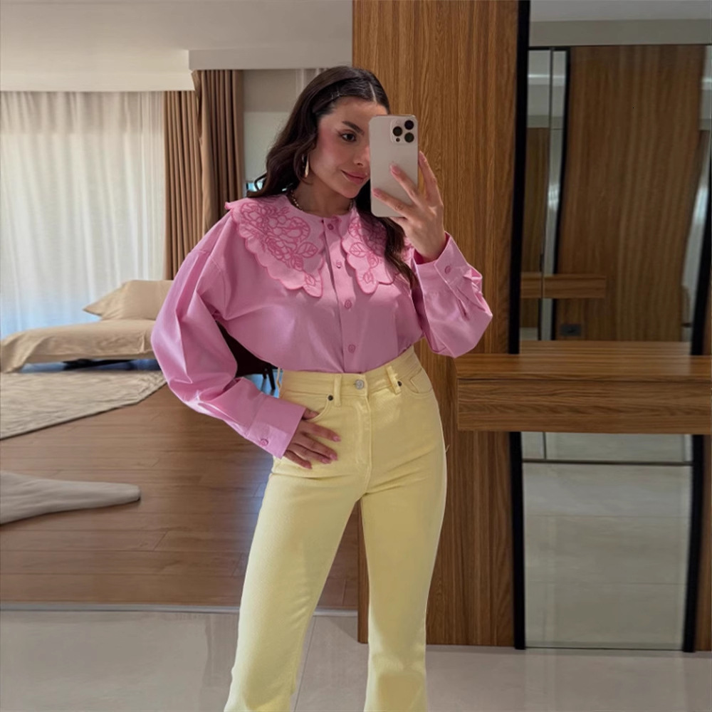 Embroidery Doll Collar Shirt Women Single Breasted Loose Long Lantern Sleeve Top Spring Street Shirts Female Blouses Pink 240807