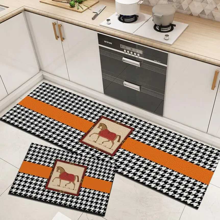 Premium PVC, Washable, Stylish Horse & Houndstooth Print, Durable, Non-slip, 2-Piece Set for Home Entrance & BathroomT260303