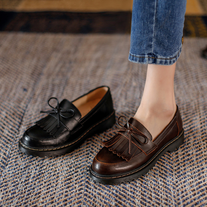 Retro British Style Square Head Womens Loafers Shoes Summer Style Tassel Comfortable Single Shoes Women Brown Shoes 250422