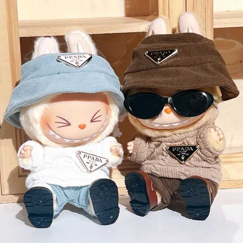 Labubu 1st/2nd Gen Light Blue Triangle Sweater Set, Corduroy Hat & Overalls for Sitting Party AccessoriesT260304
