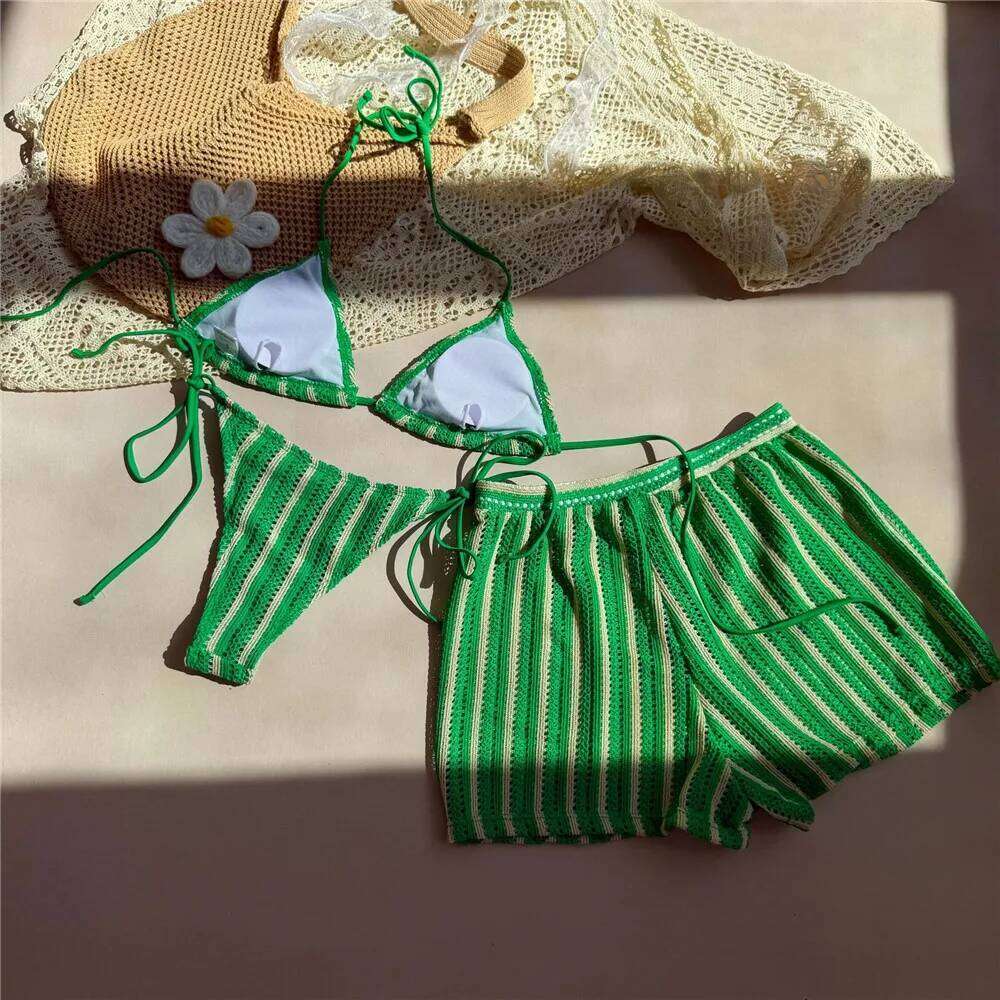 Orange Striped Swimwear Halter String Triangle Bikinis Sets 3 Pieces Bottoms Shorts Mini Micro Thong Sexy Swimsuit Woman 2025 Y260303