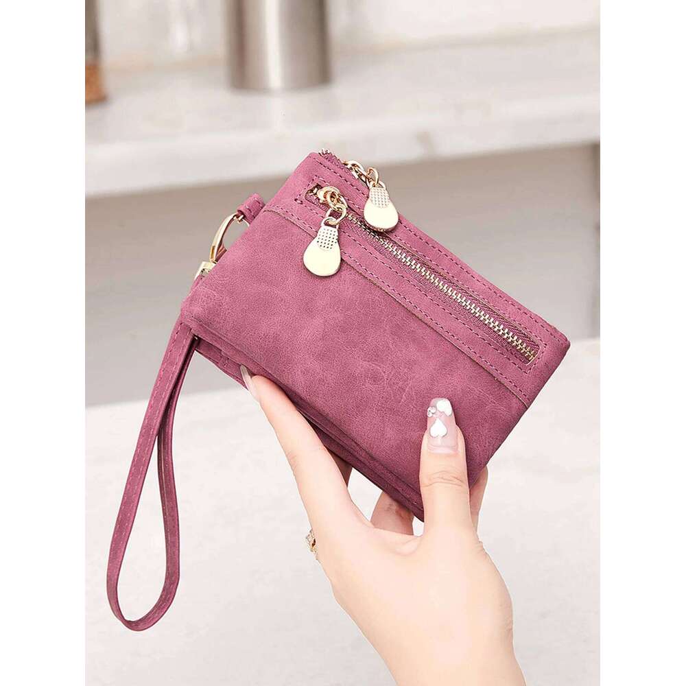 Retro double fold PU leather short wallet with zipper coin pocket multiple slots and wrist band casual portable card clip C260304