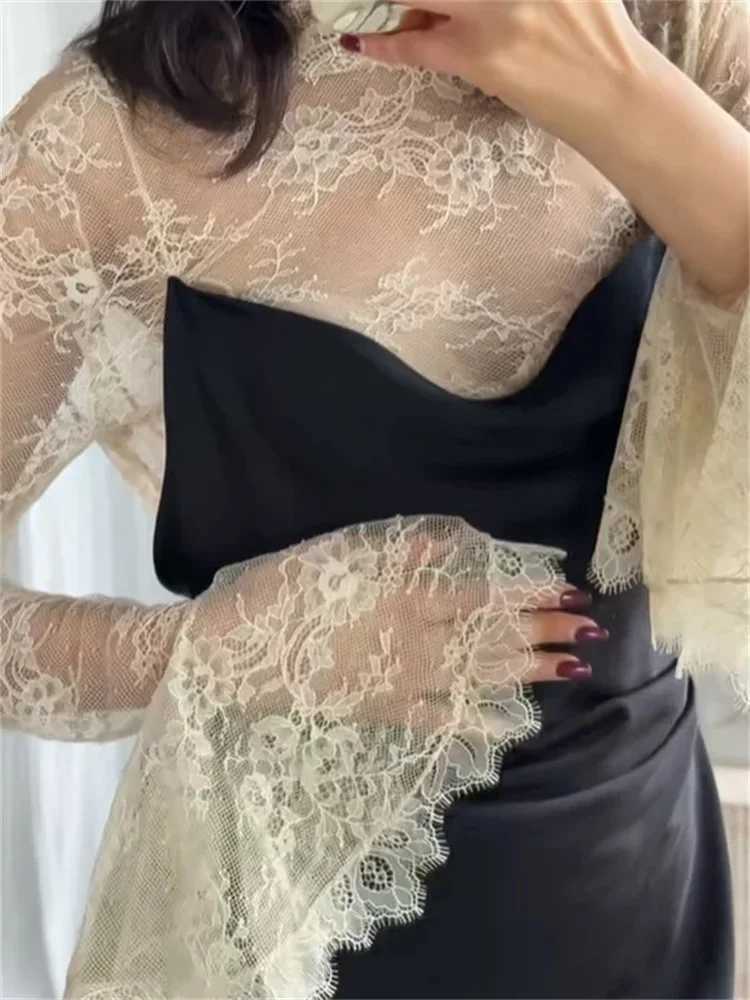 COOBBU Lace Patchwork Mini Dress Women Elegant Full Flared Sleeve Waist Cinching Slim Mini Dresses 2026 Lady Street Chic Gown M260304