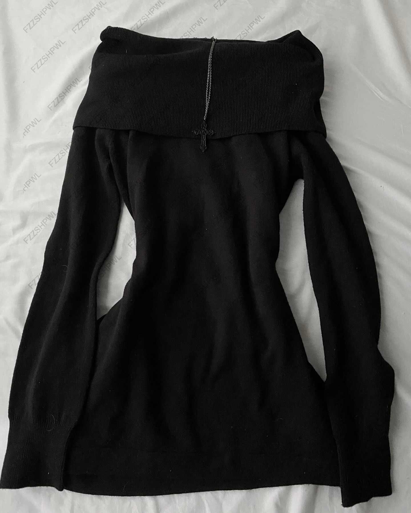 Fashion Y2K high Street black Summer new one-shoulder long-sleeved knitted pleated hip-hugging slimming leg-showing long dress M260304