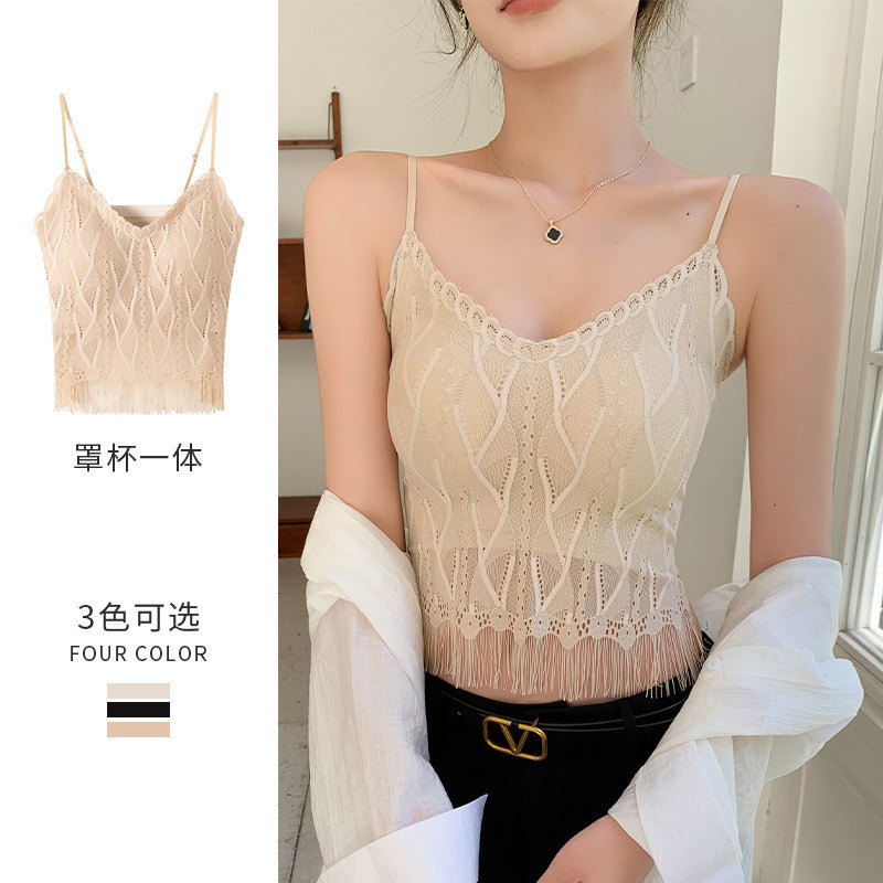 H189 Designer Shirt Lace Tassel Polo Shirt Camisole For Women Summer Inner Wear Designer Hoodie With Chest Pads Short Undergarment Can Be Worn As Outerwear