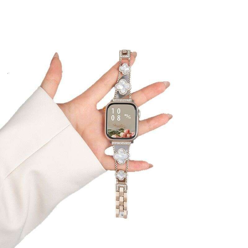Compatible Apple Watch Four-Leaf Clover Inlaid with Diamonds Mother-of-Pearl Women's Metal iWatch 10 Strap - view 6