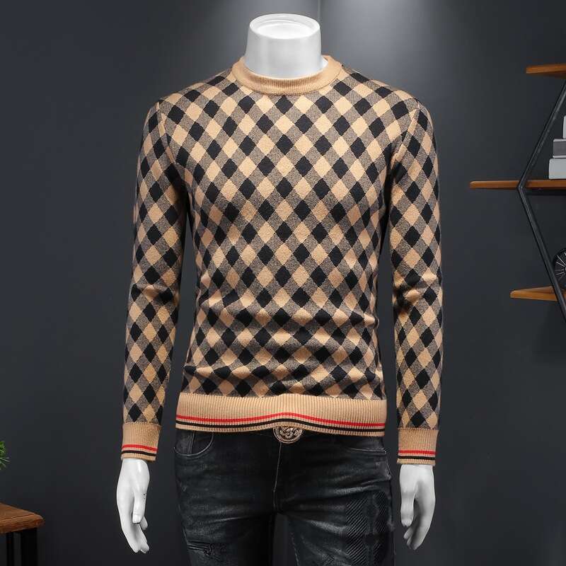 American European Autumn And Winter New Men's Sweater Knitted Pullover With Round Neck Plaid Slim Fit Plus Size Light Luxury Knitwear Luanyun