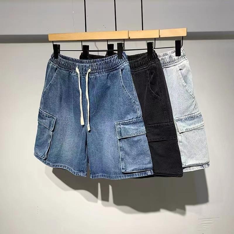 Japanese-style Workwear Functional Elastic Waist Denim Shorts For Men Summer New Casual Loose Designer Pants Mid-length Pants