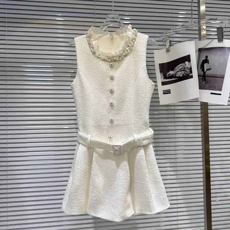 High Quality 2026 Spring Summer New French Luxury Small Fragrance Tweed Dresses For Women Pearl Collar Party Dress Robes Femmes