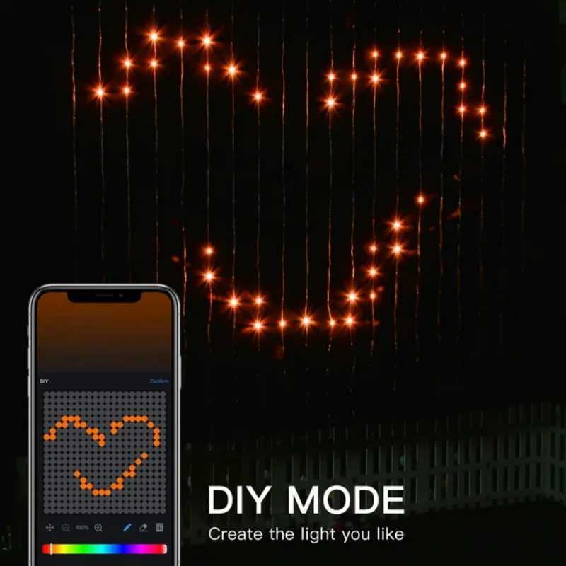 Bluetooth App LED String RGB Fairy Lights 2m2m/3m Smart Curtain Lights DIY Music Change Display for Window Bedroom Decoration H260304