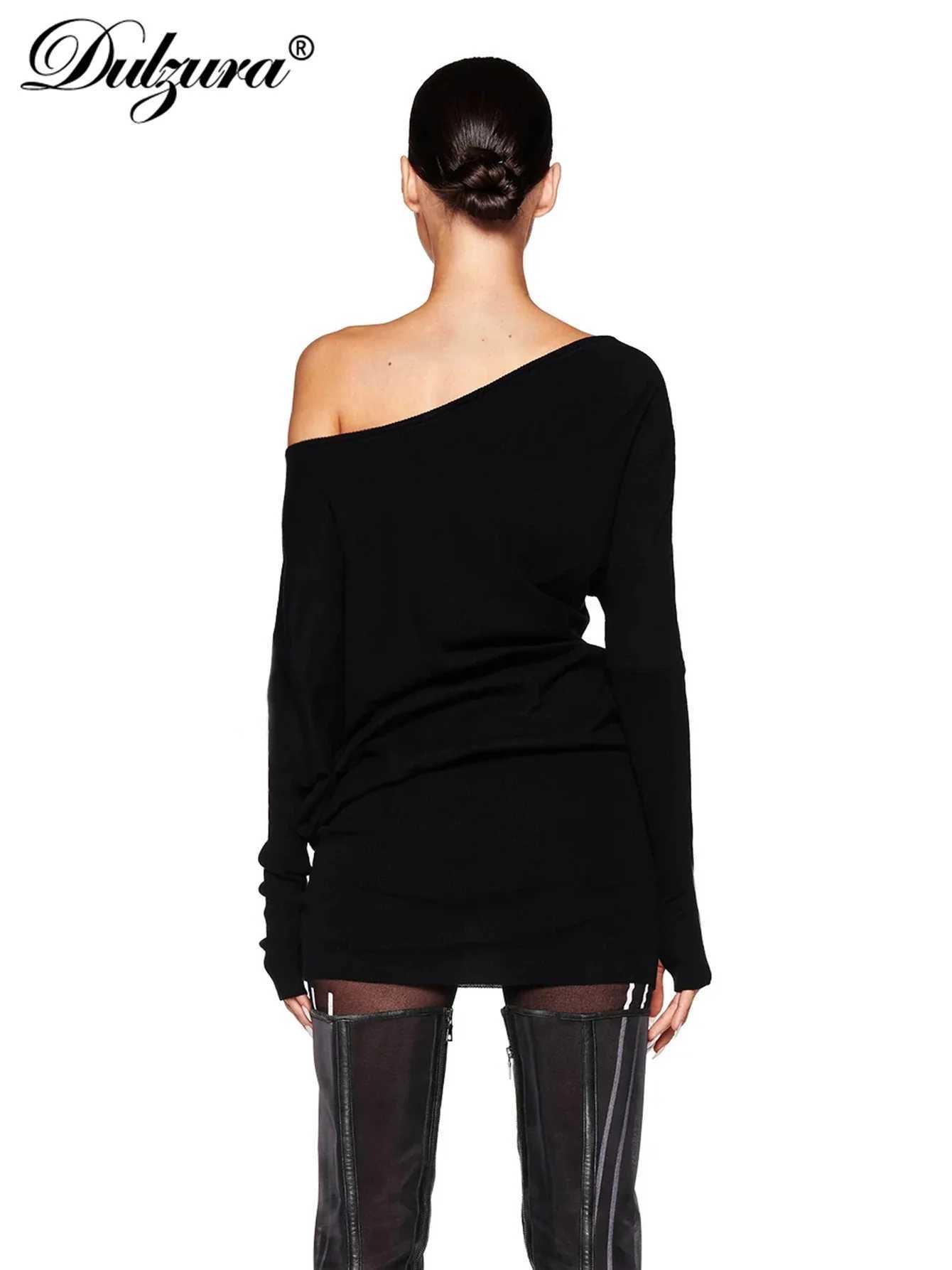 Dulzura Sexy Long Sleeve Mini Dress Oblique Shoulder Solid Simple Dresses Party Club Birthday Vacation Date Y2K Women Clothes M260304