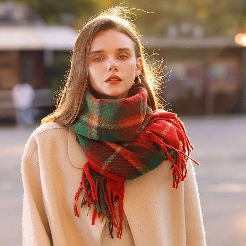 Christmas Series Winter Women's Checkered Tassel Warm Shawl Scarf XJ260304