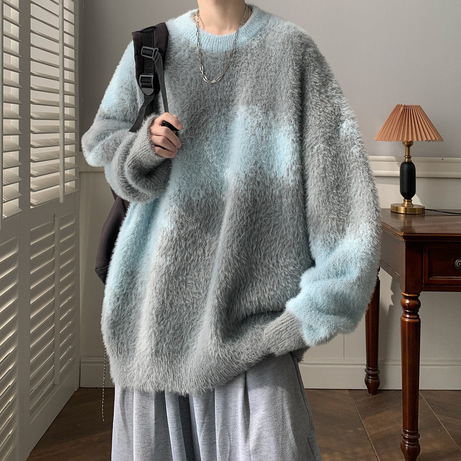 Mens Round Neck Sweater Winter Thickened and Warm Casual Style for Teenagers Trendy American Style Color-Block Knitwear Jacket 240820