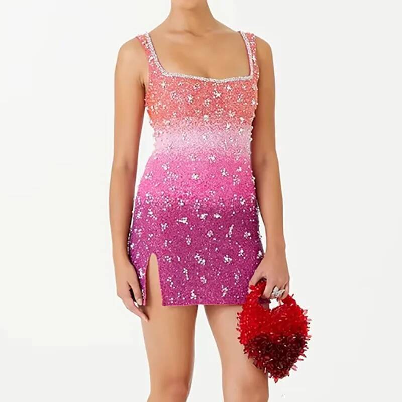 New Temperament Sequin Slim Evening Casual Square Collar Pearl Design Summer Hollow Sleeveless Suspender Club Dress