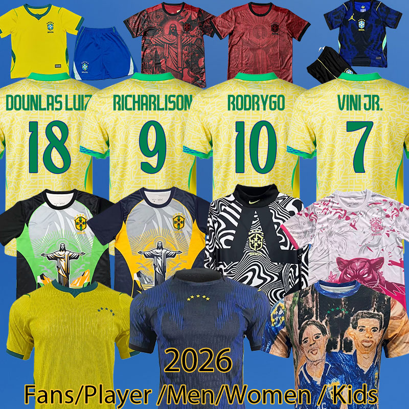 2026 World Cup Brazil Soccer Jersey MARQUINHOS BRUNO G RODRYGO Special Jesus Edition Brasil 2026 2027 VINI JR RAPHINHA MARTINELLI Fans 4XL Players kids kit