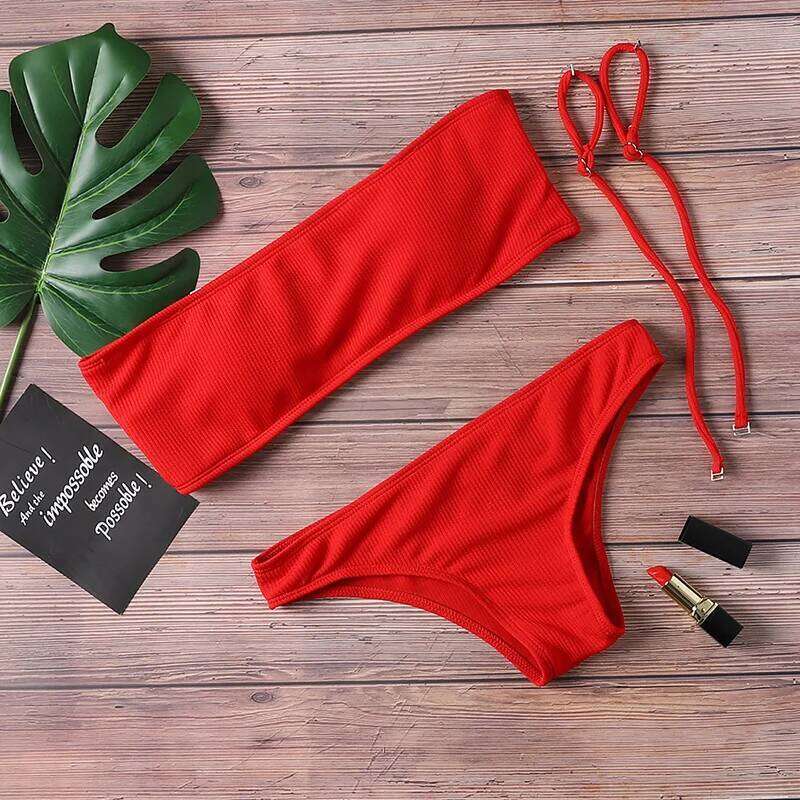 Solid Bikini Swimsuit Beach suit 2019 low waist sexy off shoulder women's padded bra swimsuit Y260303
