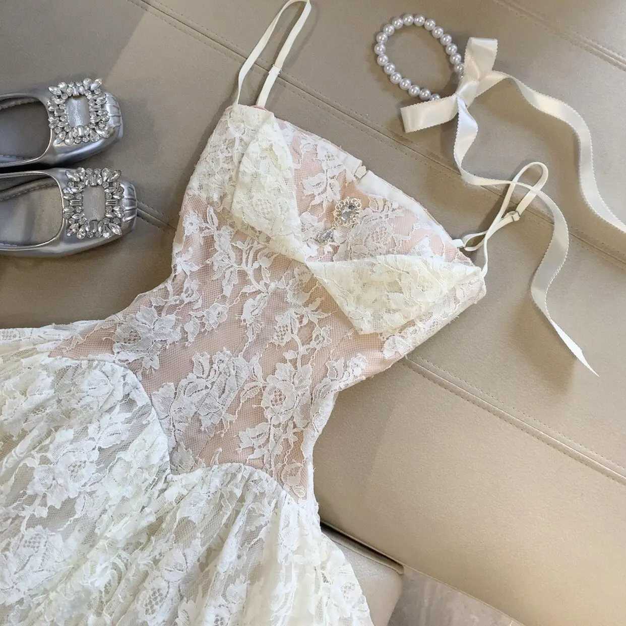 Sweet Princess French Lace Dress Harajuku Gyaru Style Elegant Chic Summer Kawaii 90s Women Fashion Dresses M260304