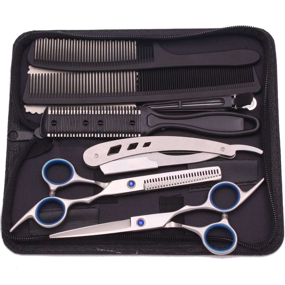 Hairdressing JP Stainless Black Hair Cutting Barber Shop Thinning Scissors Set Comb Razor Dropshipping C1001 H260303