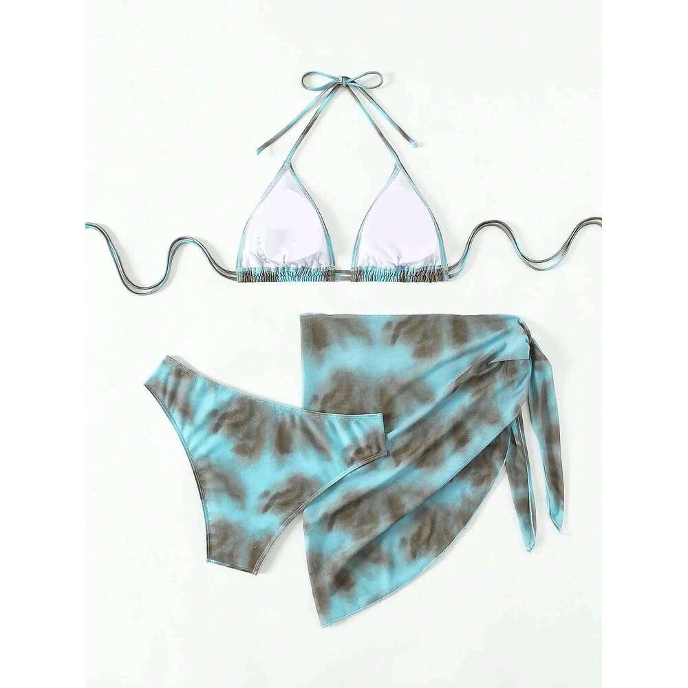 Women's 3 Piece Gradient Tie Dye Bathing Suit Lace Up High Cut Bikini with Beach Skirt Y260303