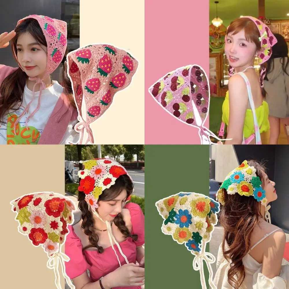 Knitted Triangle Headband French Pastoral Style Little Flower Headband Towel Handmade Crochet Headscarf Hat Spring Summer H260304 - view 5