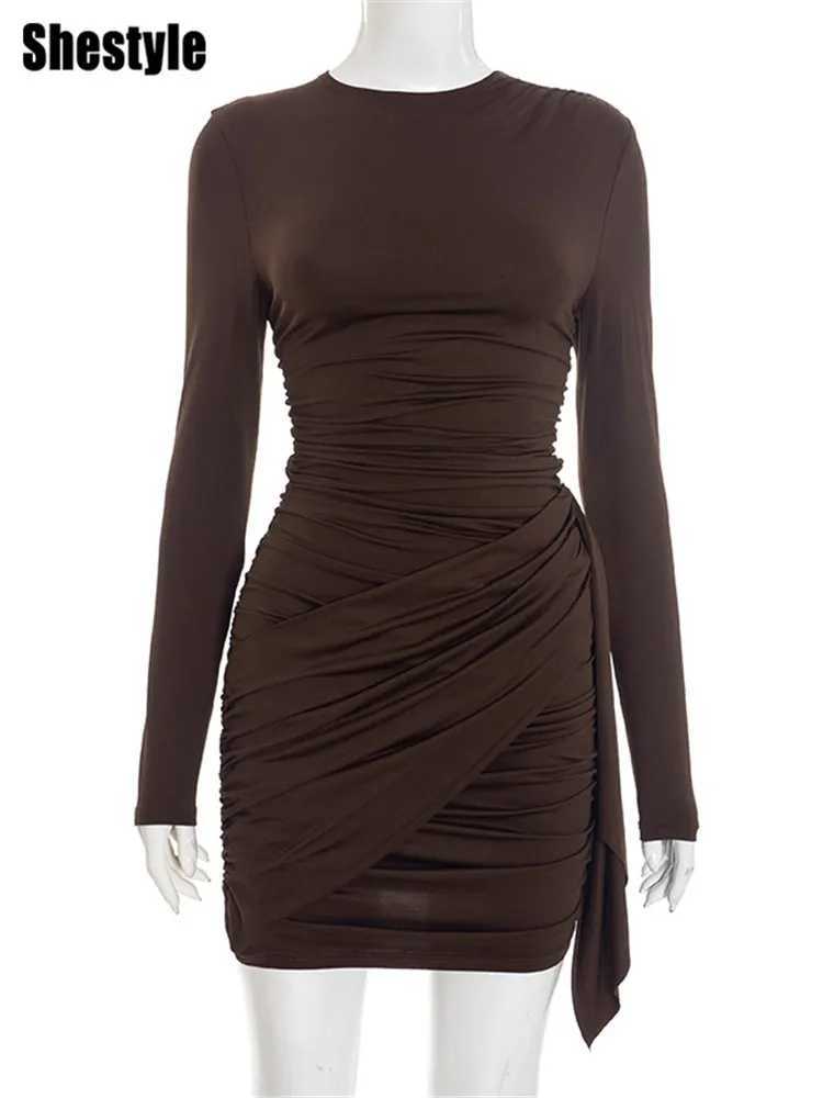 Shestyle Crew Neck Solid Slim Sheath Dress Women Long Sleeve Overlap Burgundy Elegant Casual Bodycon Outfits Office Lady 2026 M260304