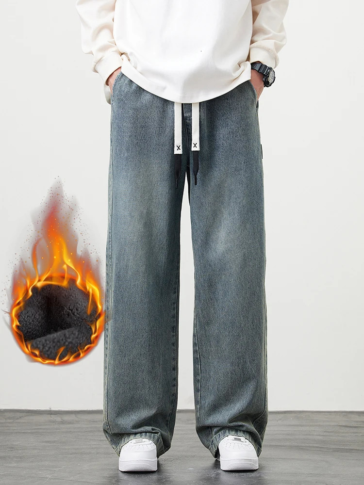 Mens Winter Warm Jeans FleeceLined Thick Insulated Denim Pants WideLeg Straight Thermal Baggy Asian Size L5XL 260228