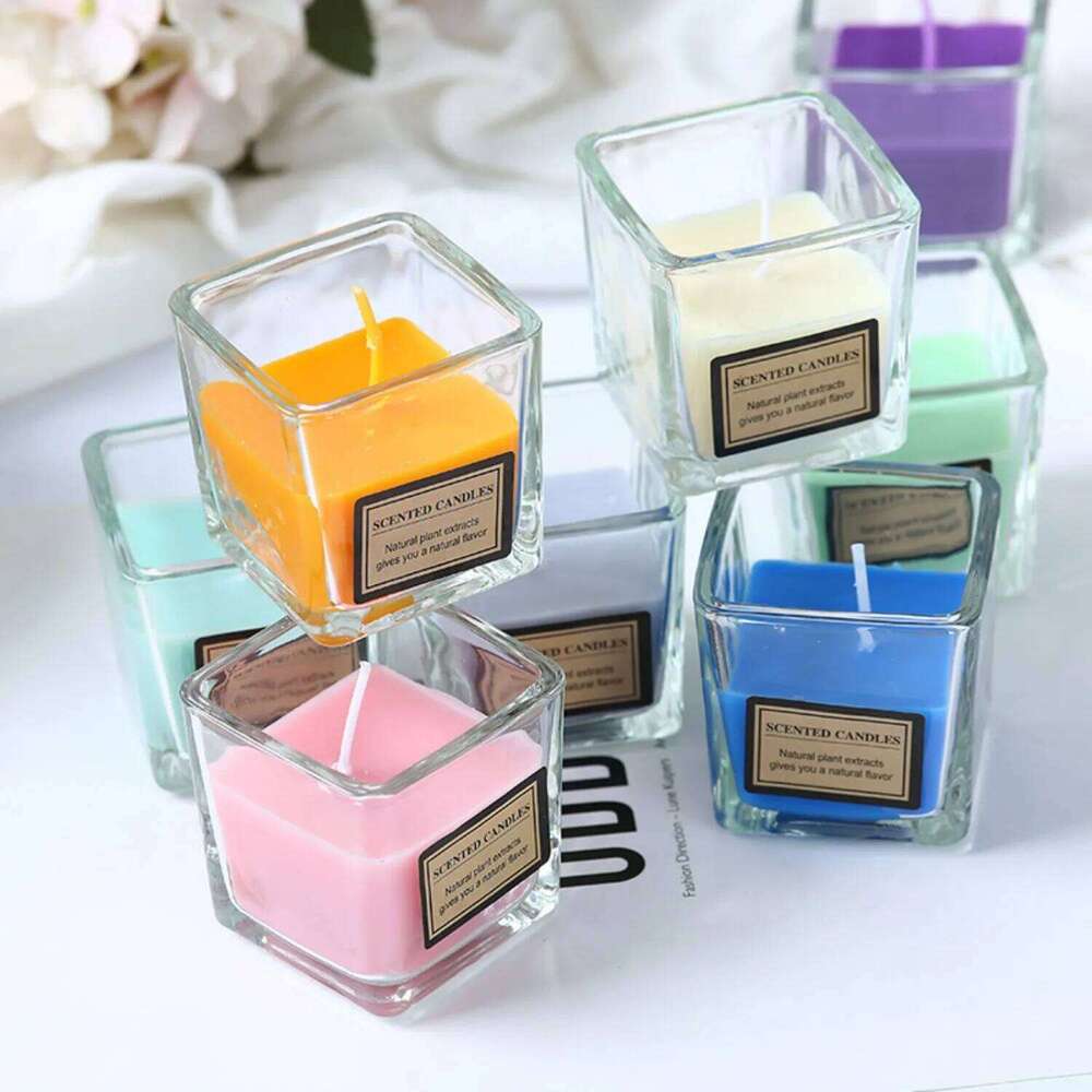 Colorful Smokeless Square Cup Glass Candle 1pc Niche Aromatherapy Romantic Ins Minimalist Home Decor Gift for Birthday W260304