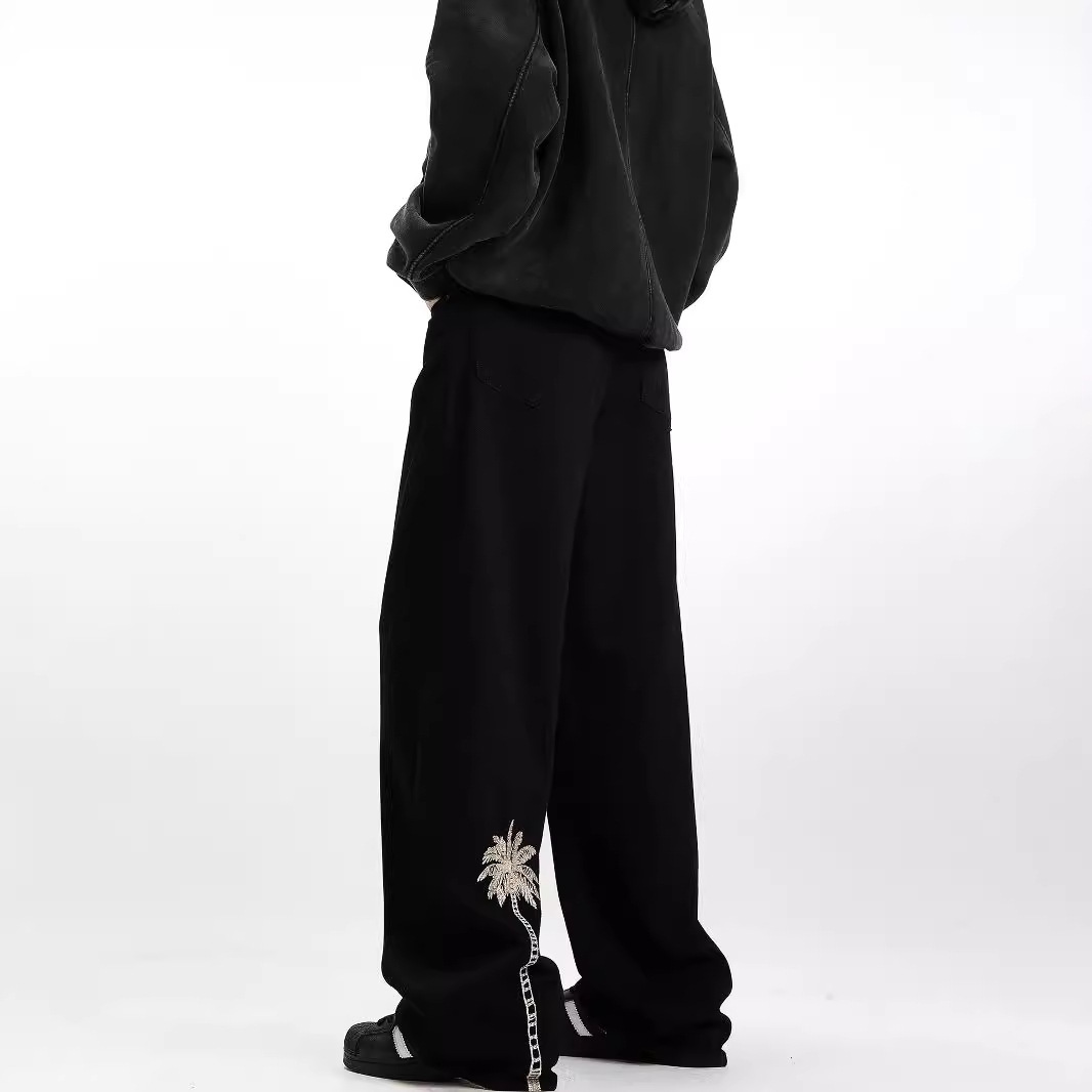Men's Jeans New Autumn And Winter Style Chinese Trendy Embroidered Black Straight Pants American High Street Designer Pants Vibe Loose Casual Long Pants