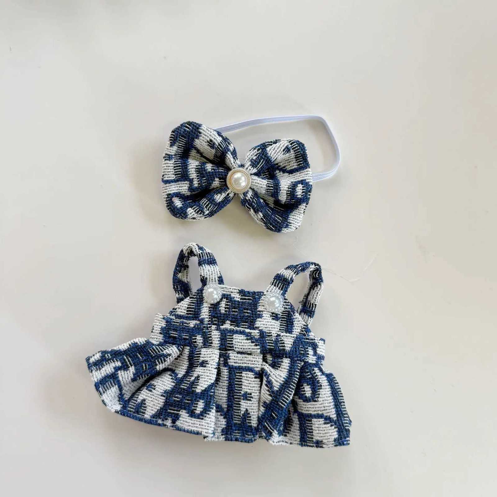 17cm Labubu Idol V1/V2 Korean Kpop Style Dress Set, Blue & White Monogram Outfit with Bow for Doll Accessories & GiftsT260304