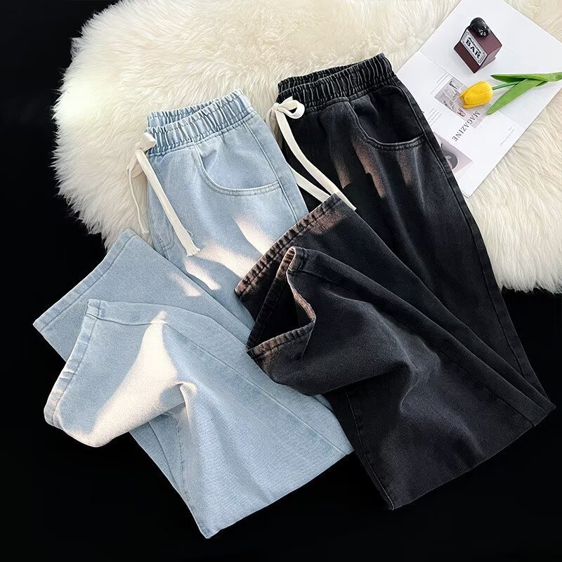 Spring New Korean Style Elastic Waist Designer Pants Loose Versatile Men's Straight-leg Tie Casual Jeans