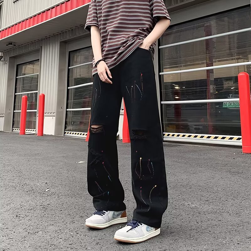 Designer Pants Trendy American-style Splatter-paint Straight-leg Curved-cut Pants For Men Summer Edition Loose Retro Casual Pants Trendy Brand Loose Jeans