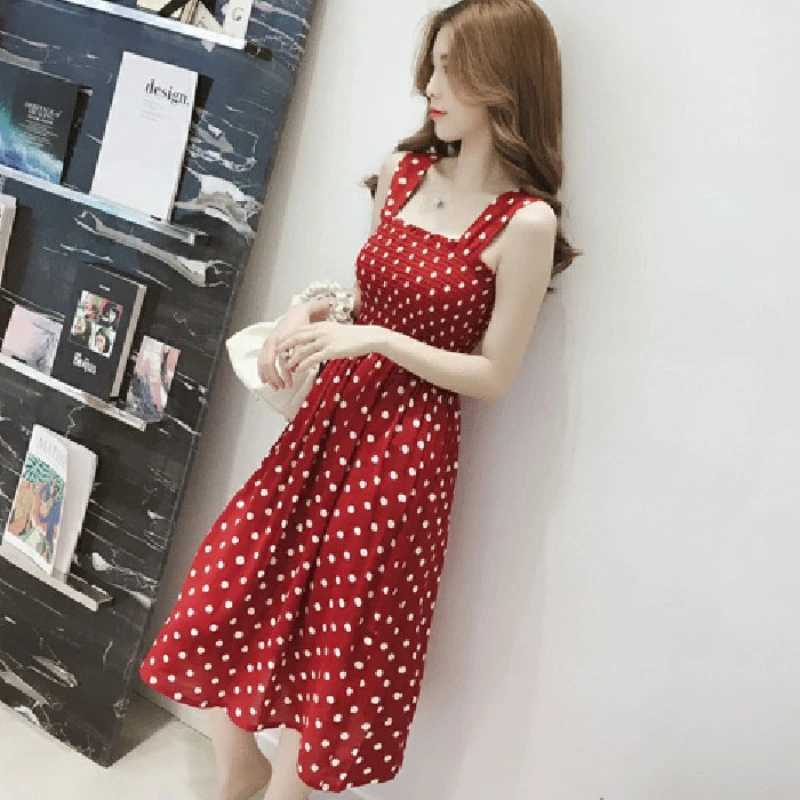 Women Summer Sleeveless Dot Dress Sexy Backless A-Line Spaghetti Strap Beach Style Dresses Camisole Off-Shoulder Folds Vestidos M260304