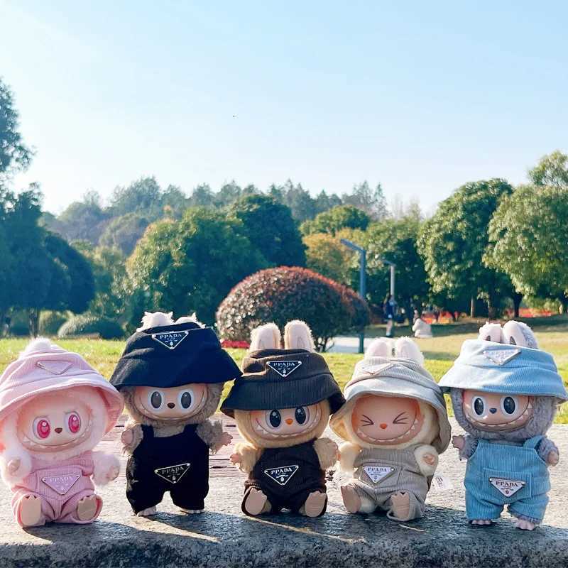 17cm Labubu Pink Corduroy Overalls & Hat Set, Luxury Doll Outfit with Triangle Logo for DIY Accessories & GiftsT260304