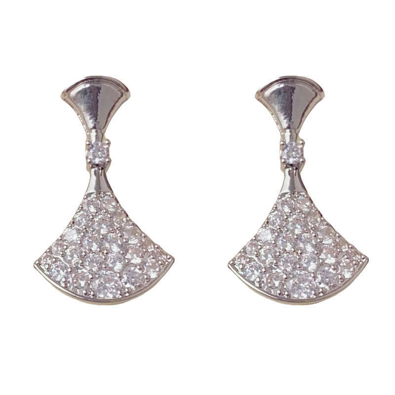 Full Diamond Fan-shaped Skirt Earrings S925 Silver Needle Design Sense Elegant Temperament Jewelry Trendy