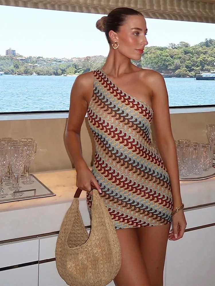 Irregular Printed Knitted Mini Dress For Women Chic Backless Slanted Shoulder Slim Fit Dresses 2025 Summer Holiday Beach Robes M260304