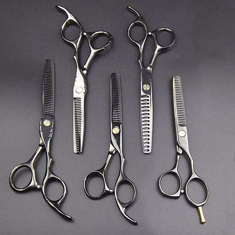 Japan 440C Titanium Qlating Barber Professional Scissors for Hairdresser 5.5 / 6.0 Cutting Thinning Black Hair Scissor Shears H260303
