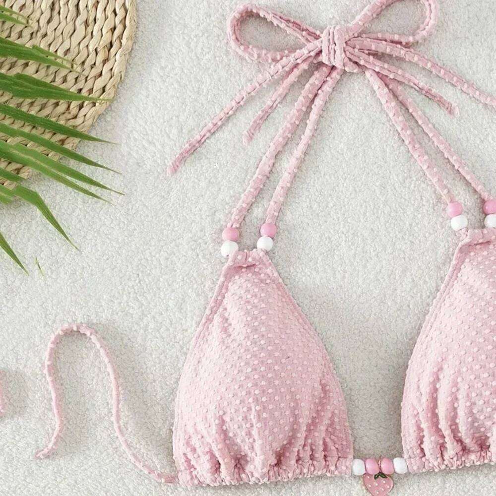 Sexy Pink Micro Thong Bikinis Sets Bead String Halter Swimwear Women Mini Swimsuit Bathing Suit Lace-up Biquinis Triangle Bikini Y260303