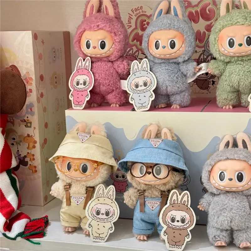 Luxury Triangle Badge Set with Bucket Hat, Overalls & Retro Glasses for 15cm 17cm Labubu Dolls Trendy Outfit AccessoriesT260304