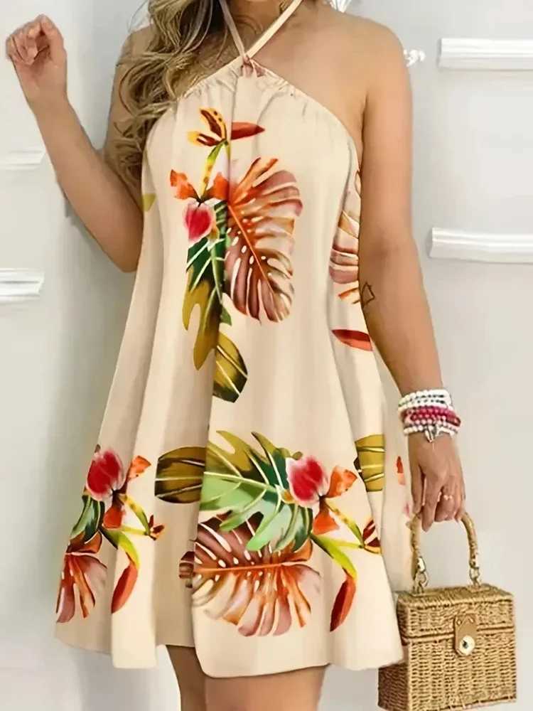 Summer Plus Size 1XL-5XL Womens Fashion Elegant Floral Print Halter Loose Dress Ladies Casual Sleeveless Summer Beach Dress M260304