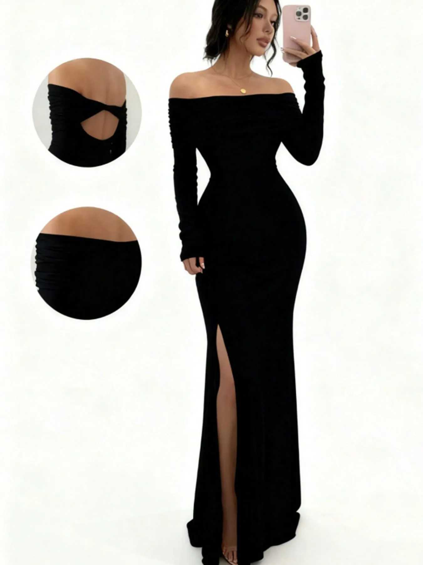 Womens Off-Shoulder Bodycon Dress - Long Sleeve High Slit Bandage Dress Chic Figure-Hugging Midi M260304